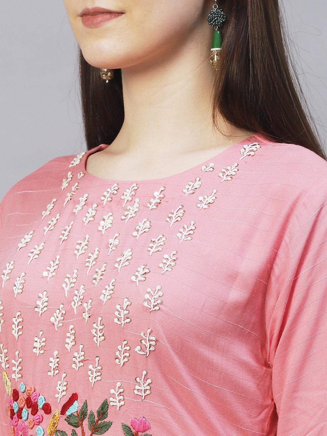 Floral Hand Embroidered Straight Fit Kurta – Pink - Indiakreations