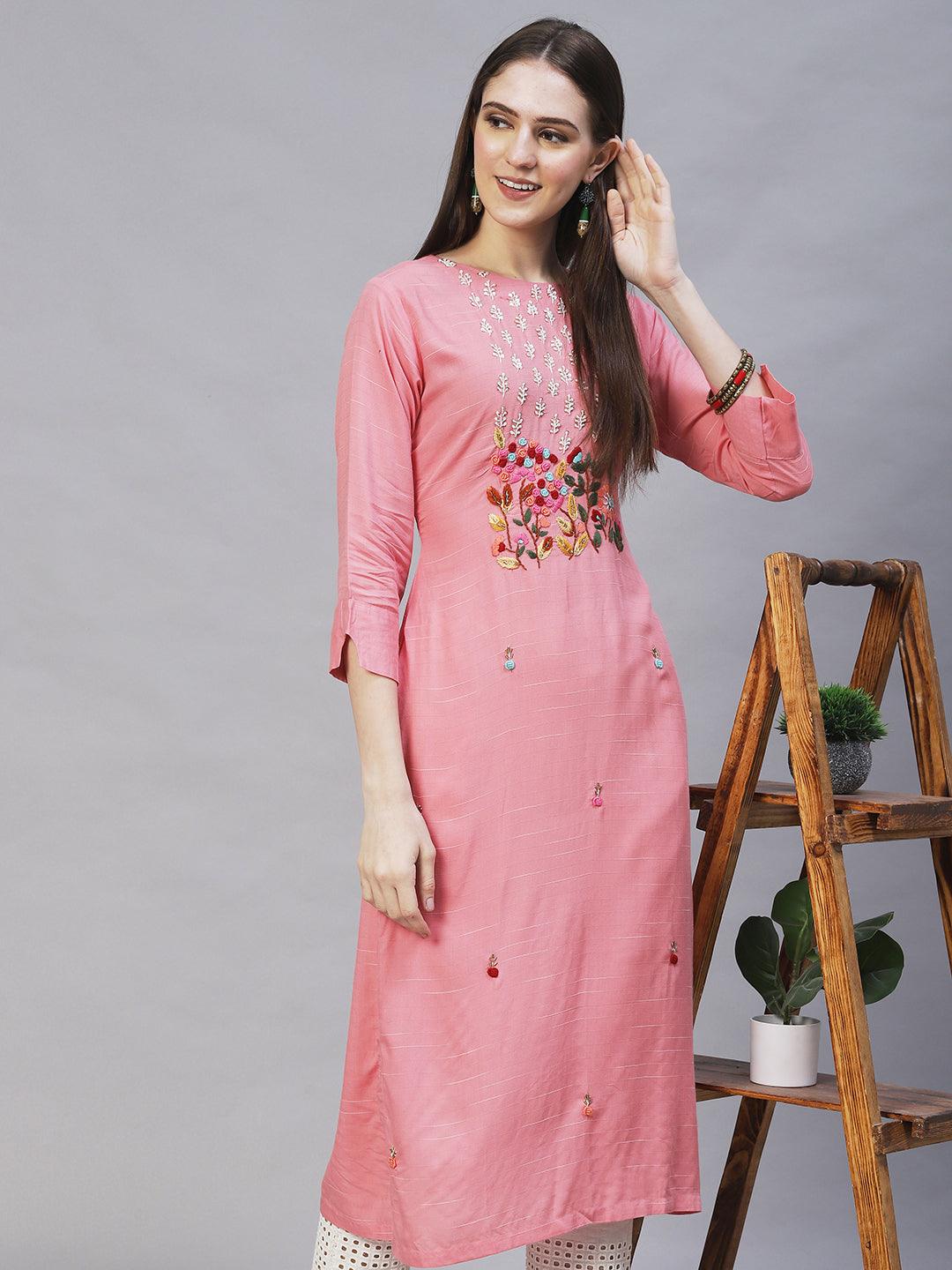 Floral Hand Embroidered Straight Fit Kurta – Pink - Indiakreations