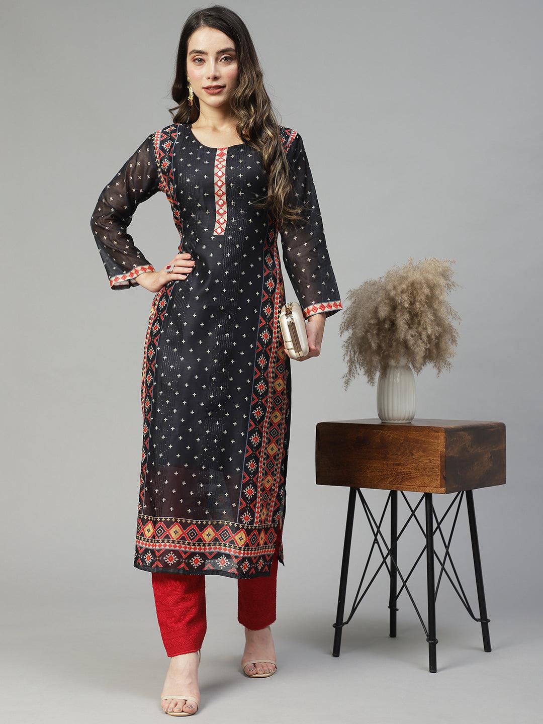 Ethnic Printed & Hand Embroidered Straight Fit Kurta – Black - Indiakreations