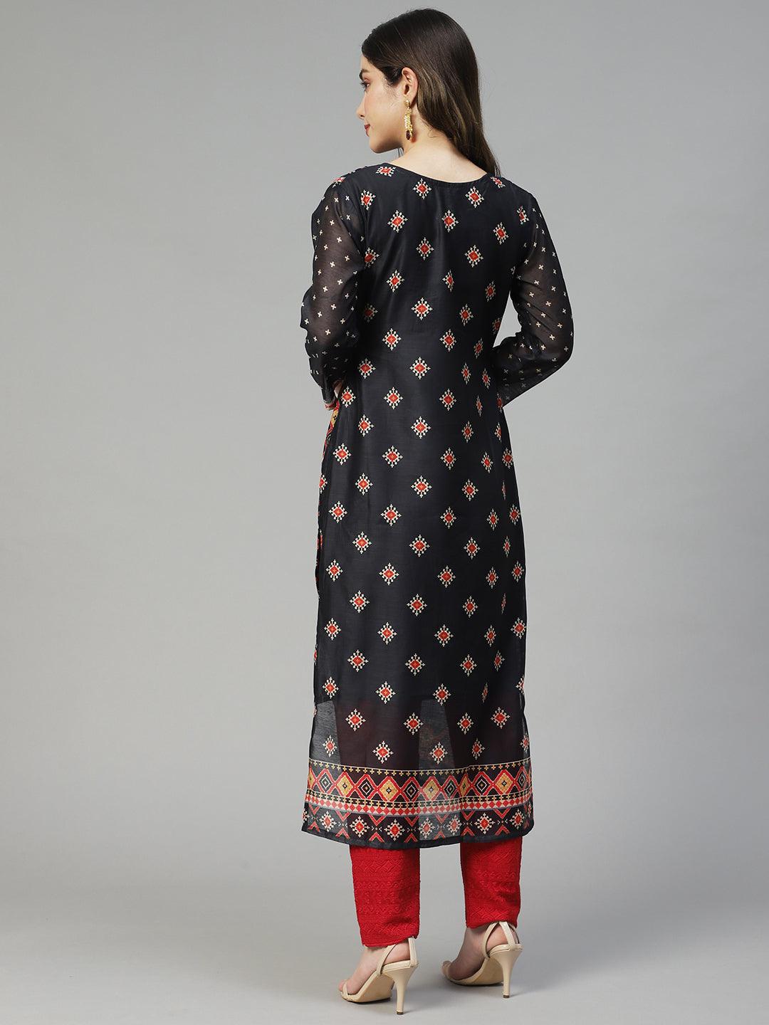 Ethnic Printed & Hand Embroidered Straight Fit Kurta – Black - Indiakreations