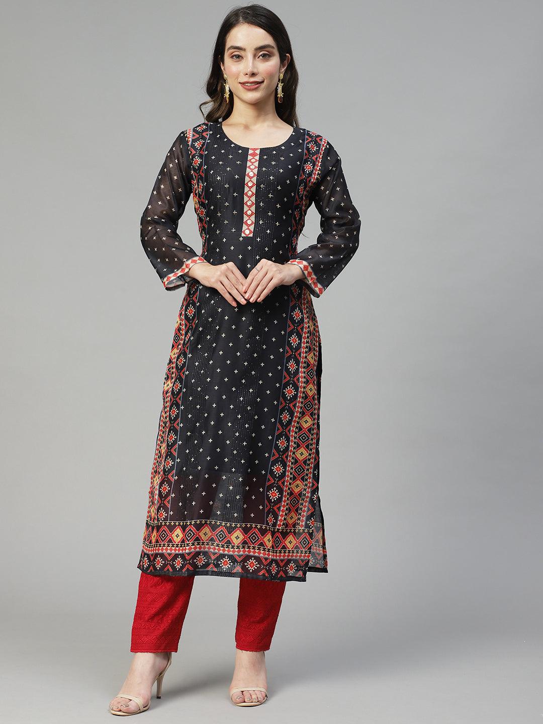 Ethnic Printed & Hand Embroidered Straight Fit Kurta – Black - Indiakreations