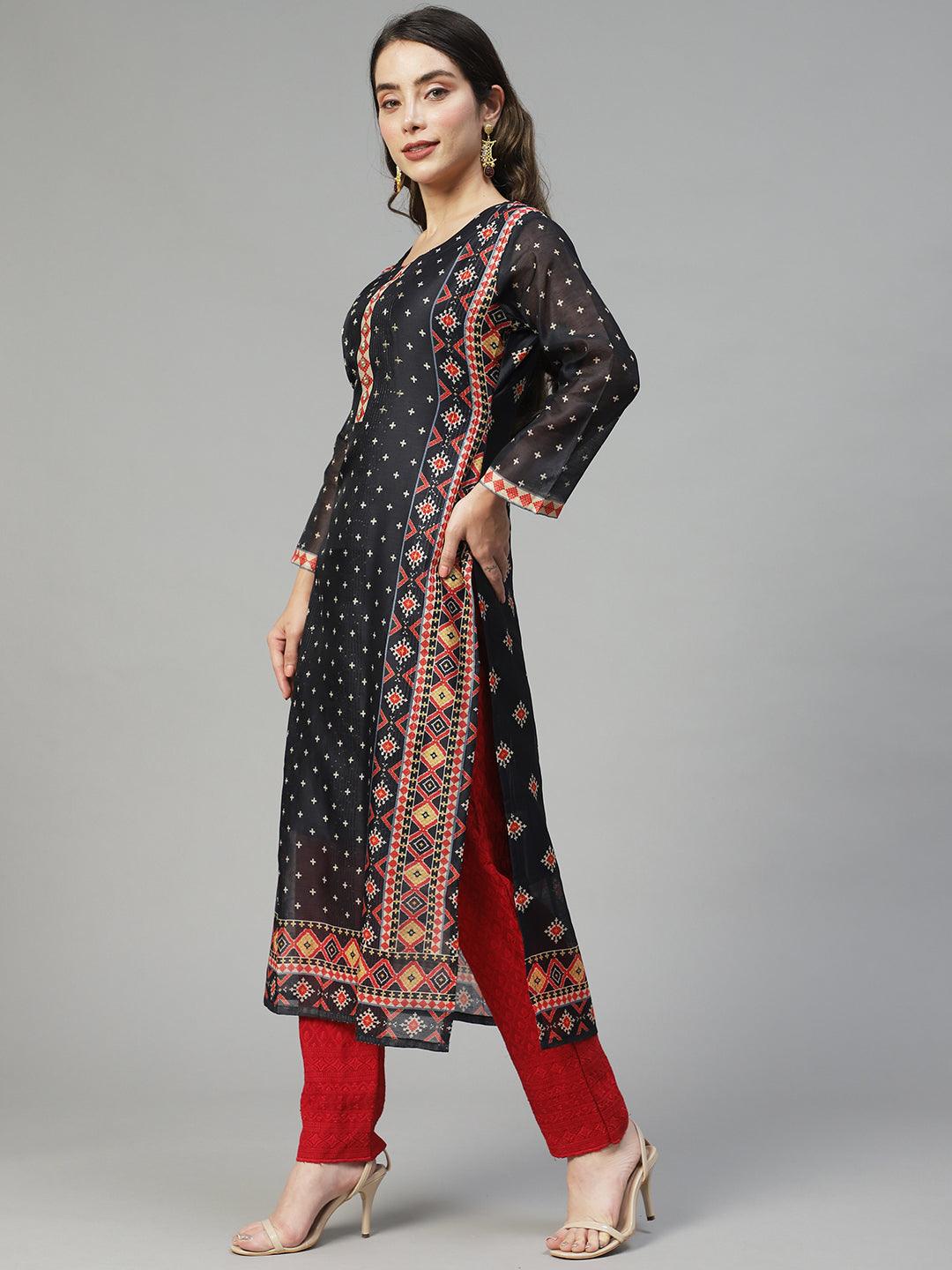 Ethnic Printed & Hand Embroidered Straight Fit Kurta – Black - Indiakreations