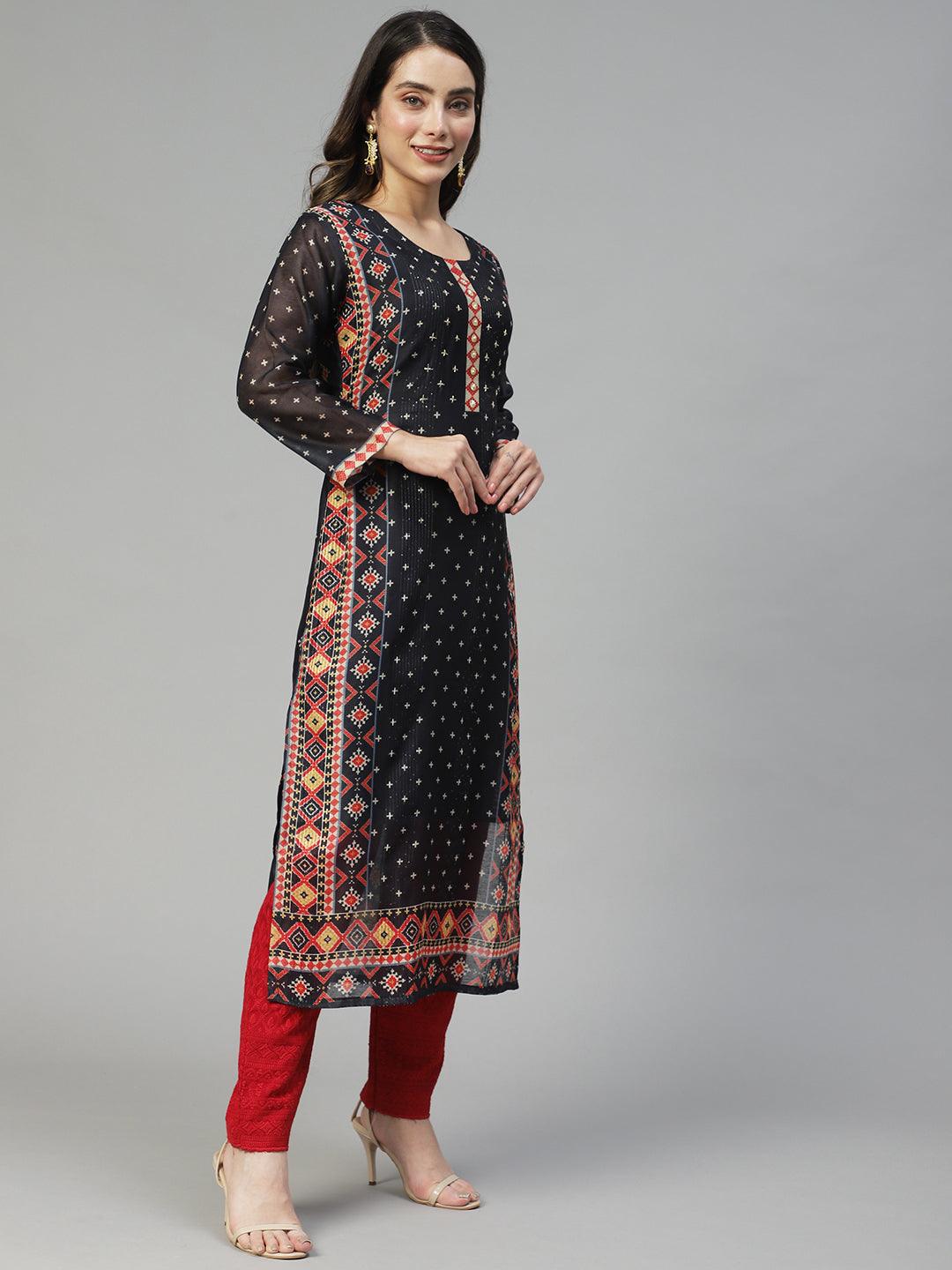 Ethnic Printed & Hand Embroidered Straight Fit Kurta – Black - Indiakreations