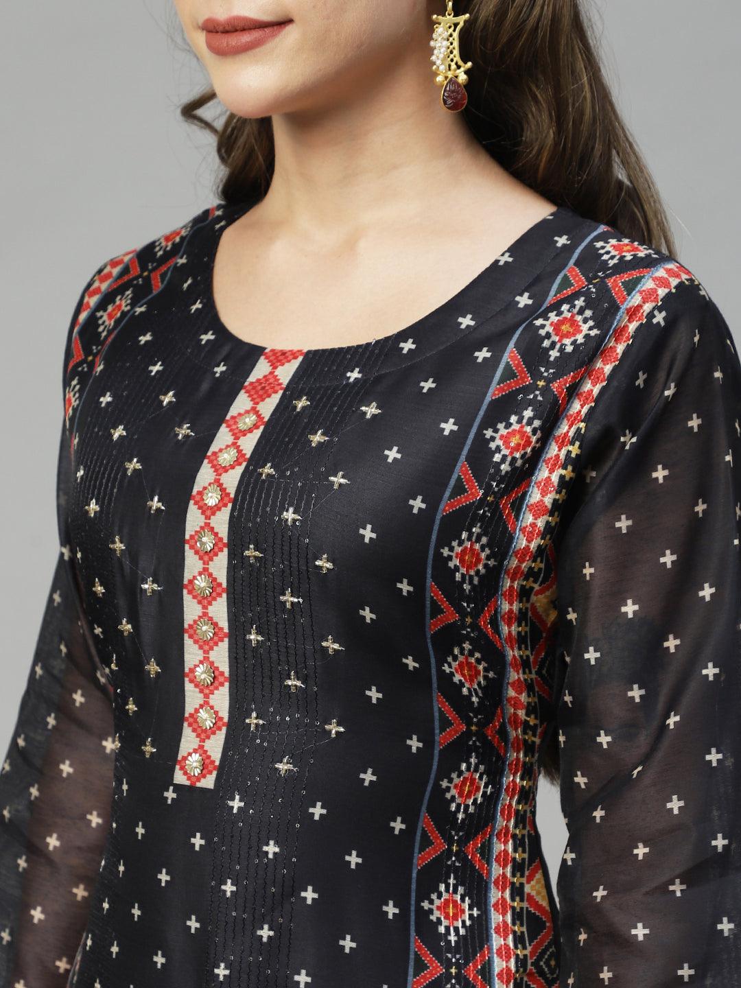 Ethnic Printed & Hand Embroidered Straight Fit Kurta – Black - Indiakreations