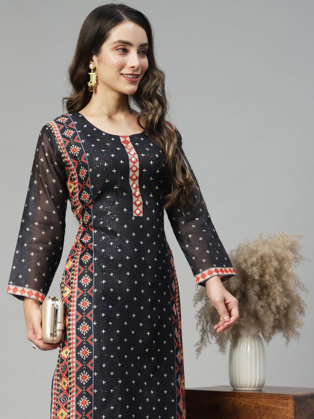 Ethnic Printed & Hand Embroidered Straight Fit Kurta – Black - Indiakreations