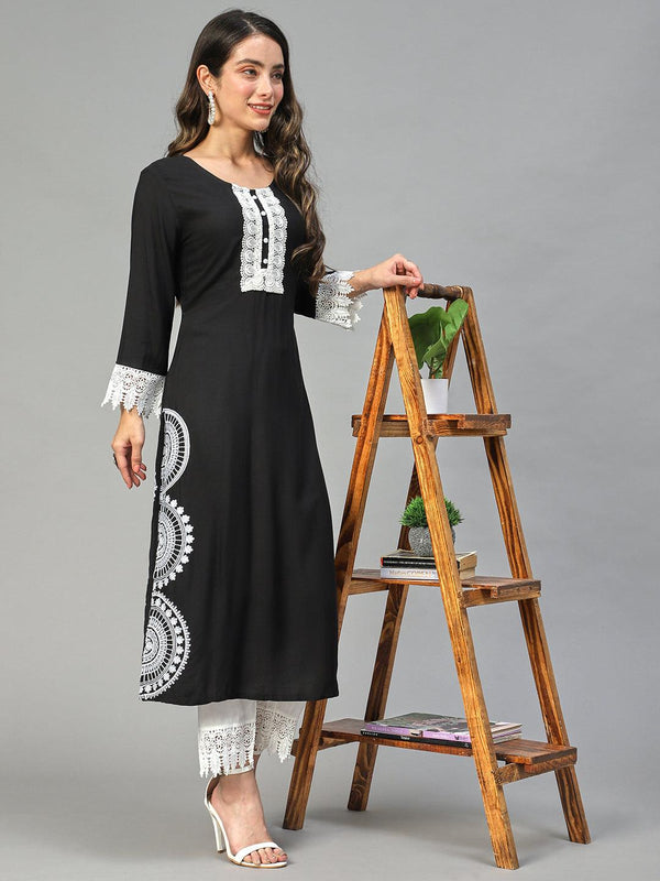 Ethnic Embroidered Straight Fit Kurta with Pants - Black - Indiakreations