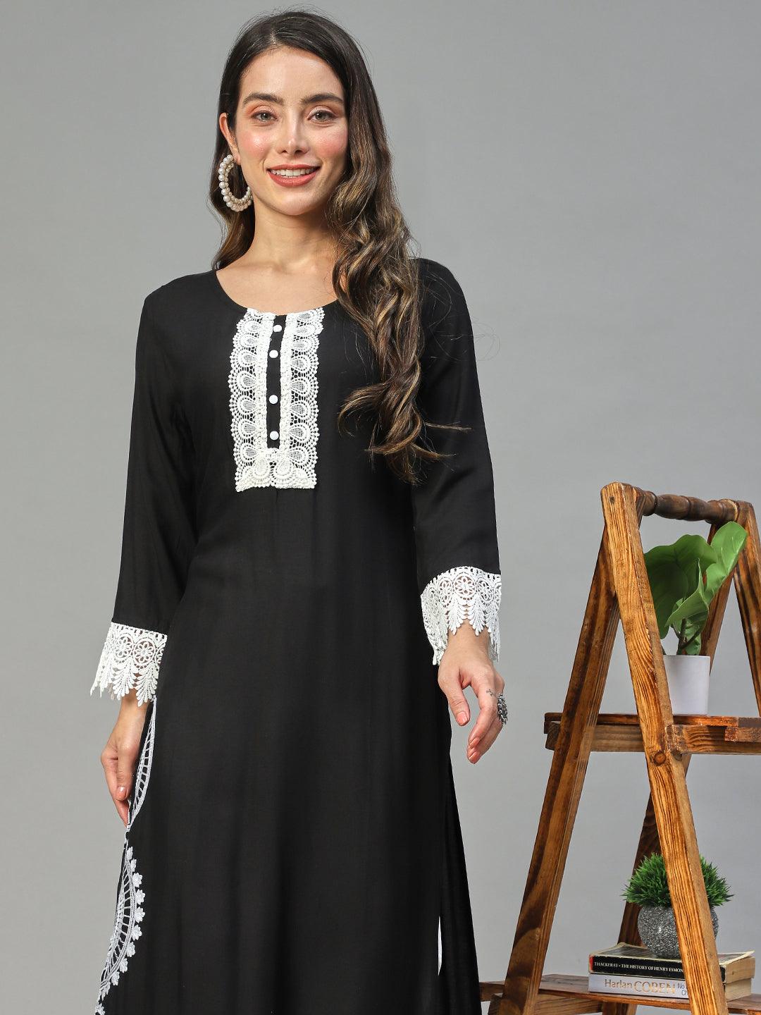 Ethnic Embroidered Straight Fit Kurta with Pants - Black - Indiakreations