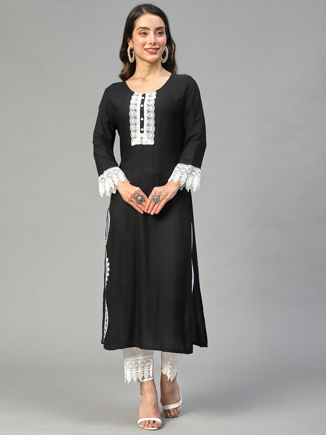 Ethnic Embroidered Straight Fit Kurta with Pants - Black - Indiakreations