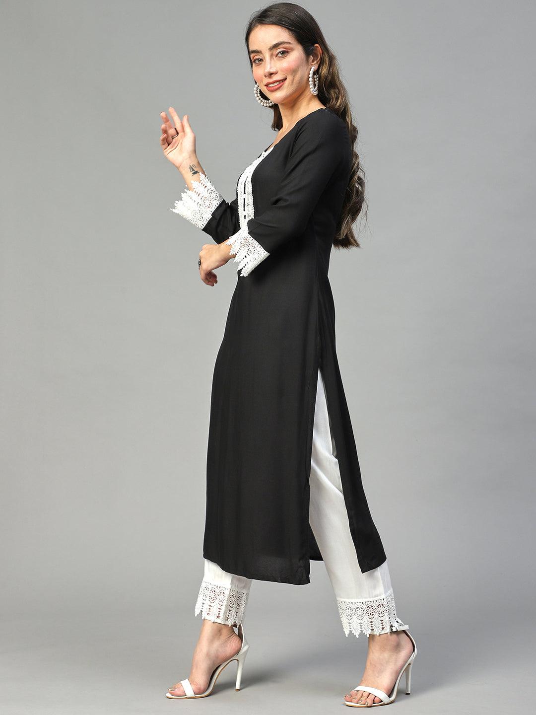 Ethnic Embroidered Straight Fit Kurta with Pants - Black - Indiakreations