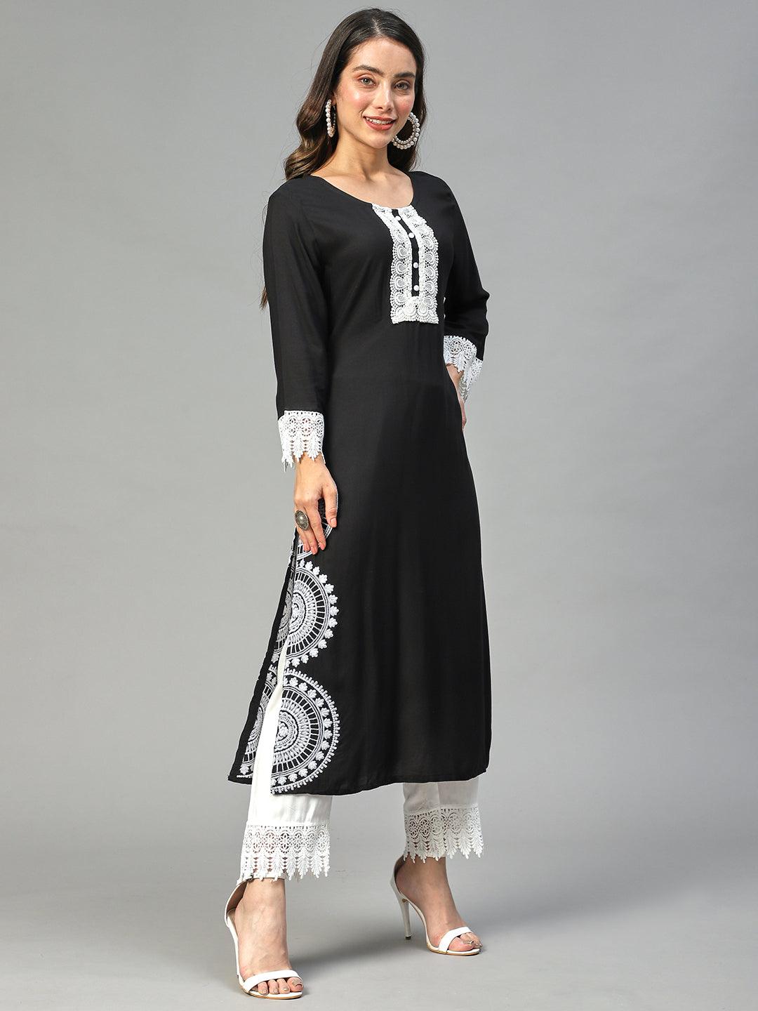 Ethnic Embroidered Straight Fit Kurta with Pants - Black - Indiakreations