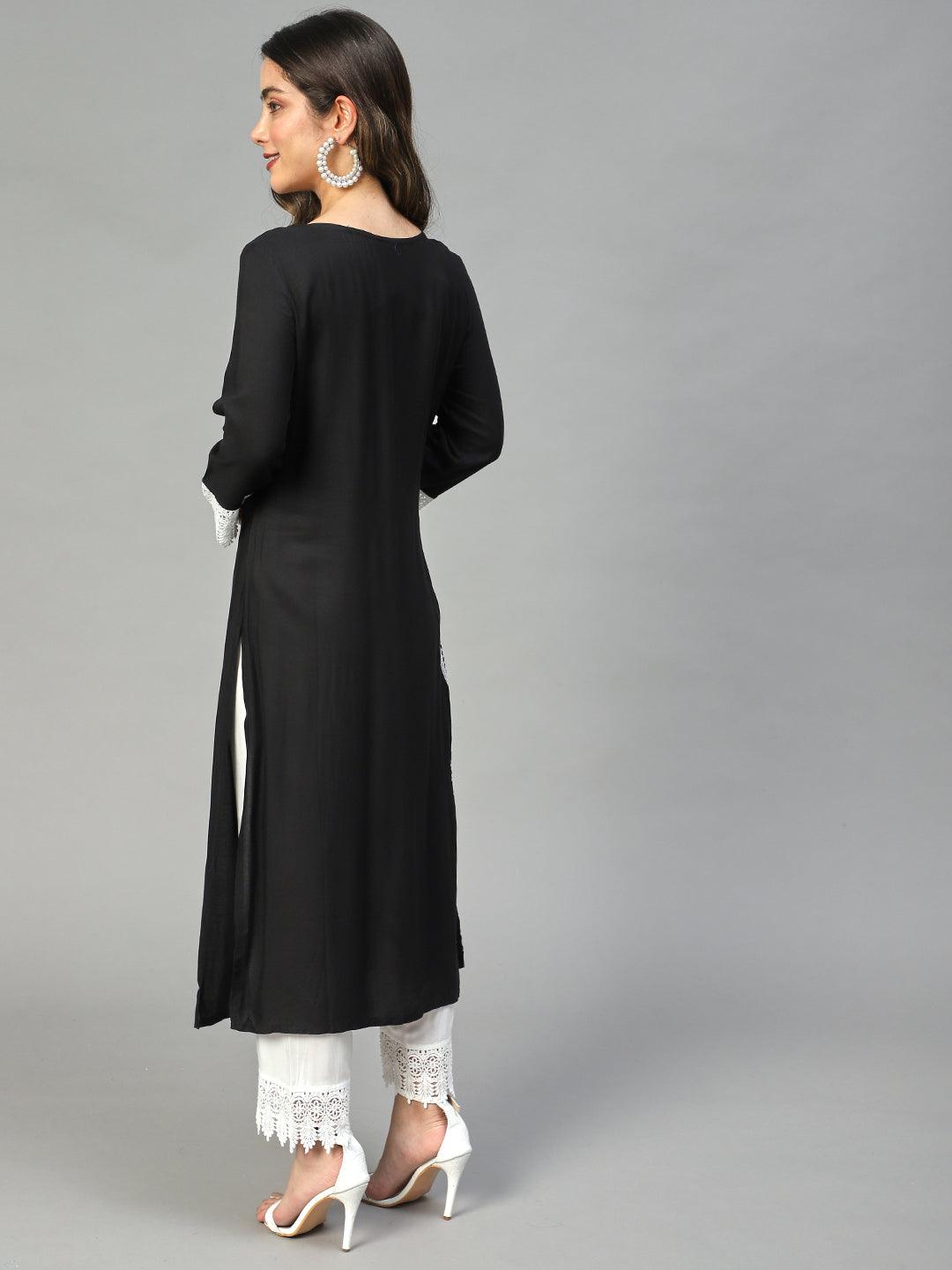 Ethnic Embroidered Straight Fit Kurta with Pants - Black - Indiakreations