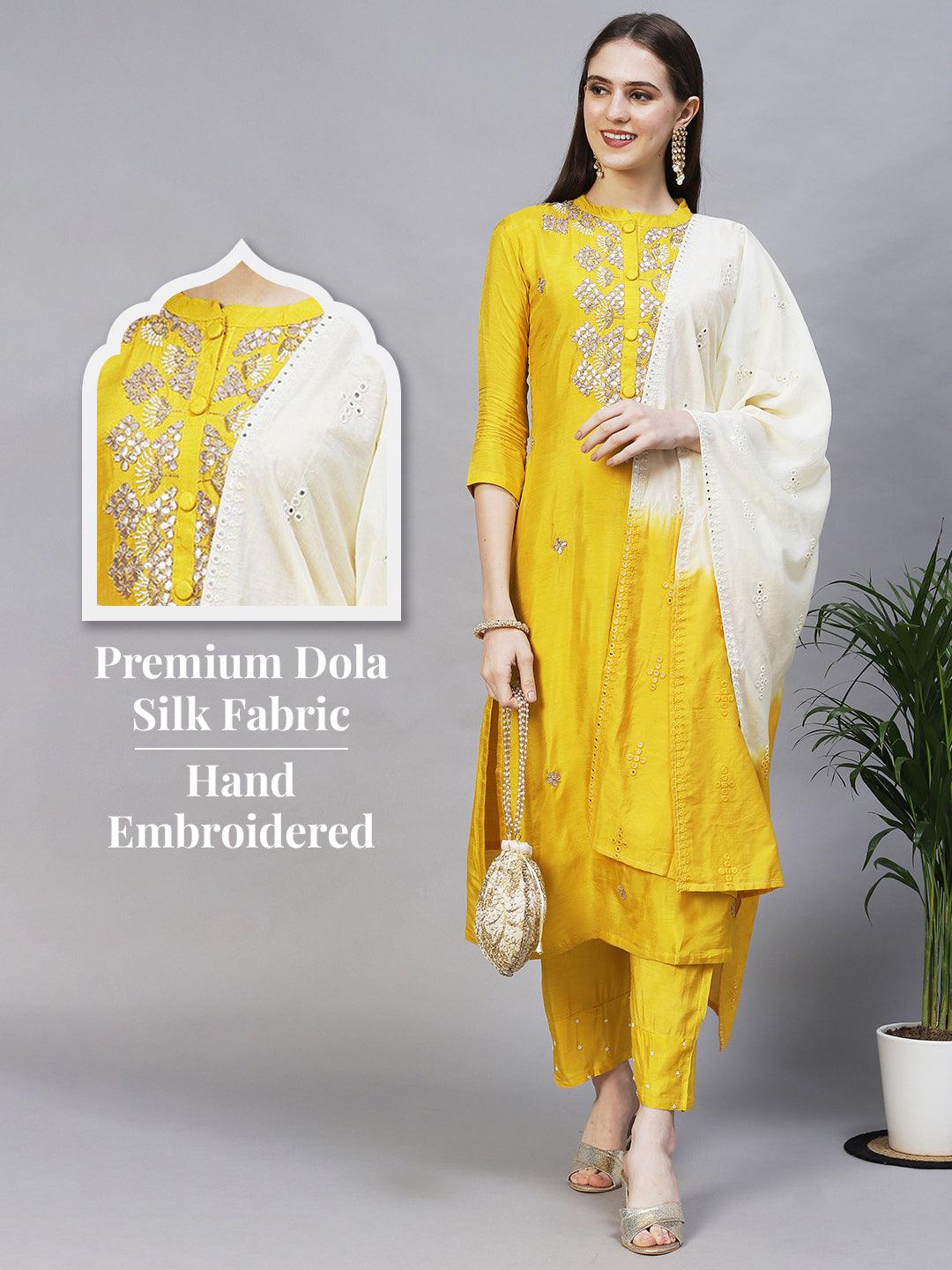 Floral Hand Embroidered Kurta with Pants & Dupatta - Yellow - Indiakreations