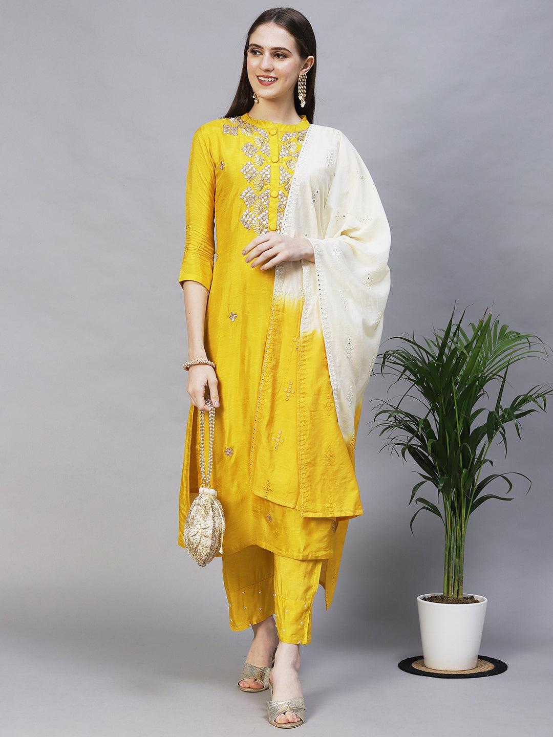 Floral Hand Embroidered Kurta with Pants & Dupatta - Yellow - Indiakreations