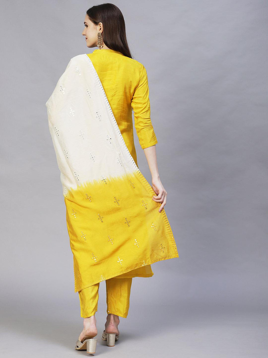 Floral Hand Embroidered Kurta with Pants & Dupatta - Yellow - Indiakreations