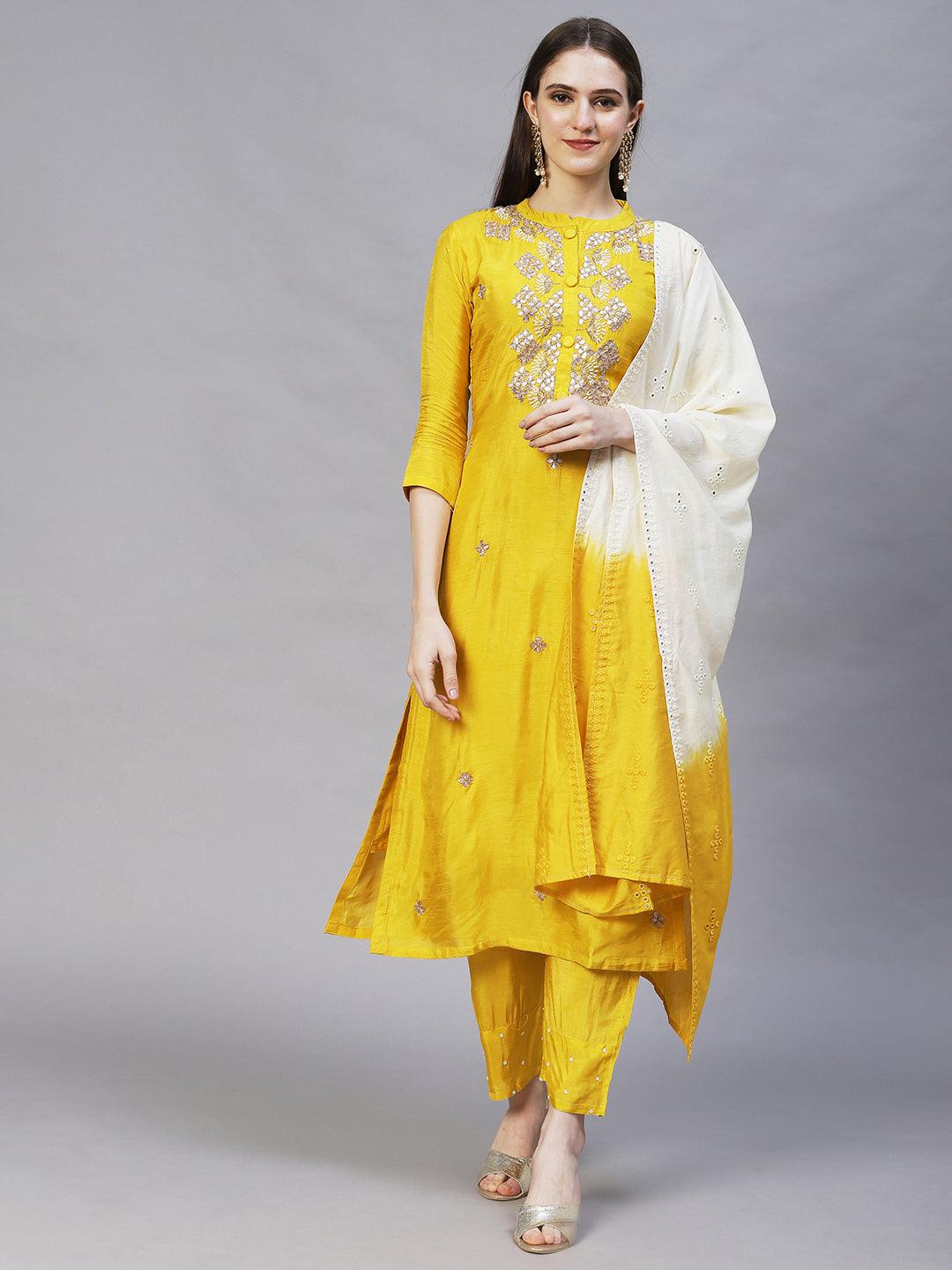 Floral Hand Embroidered Kurta with Pants & Dupatta - Yellow - Indiakreations