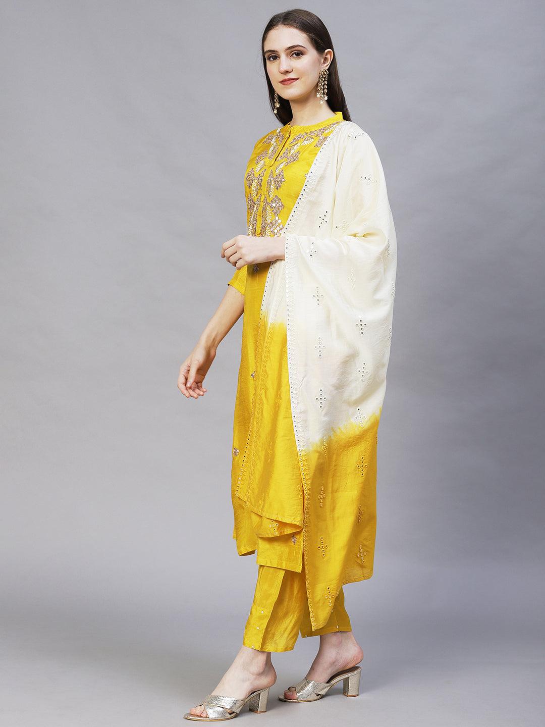 Floral Hand Embroidered Kurta with Pants & Dupatta - Yellow - Indiakreations