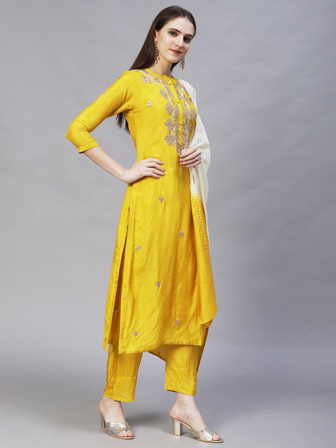 Floral Hand Embroidered Kurta with Pants & Dupatta - Yellow - Indiakreations