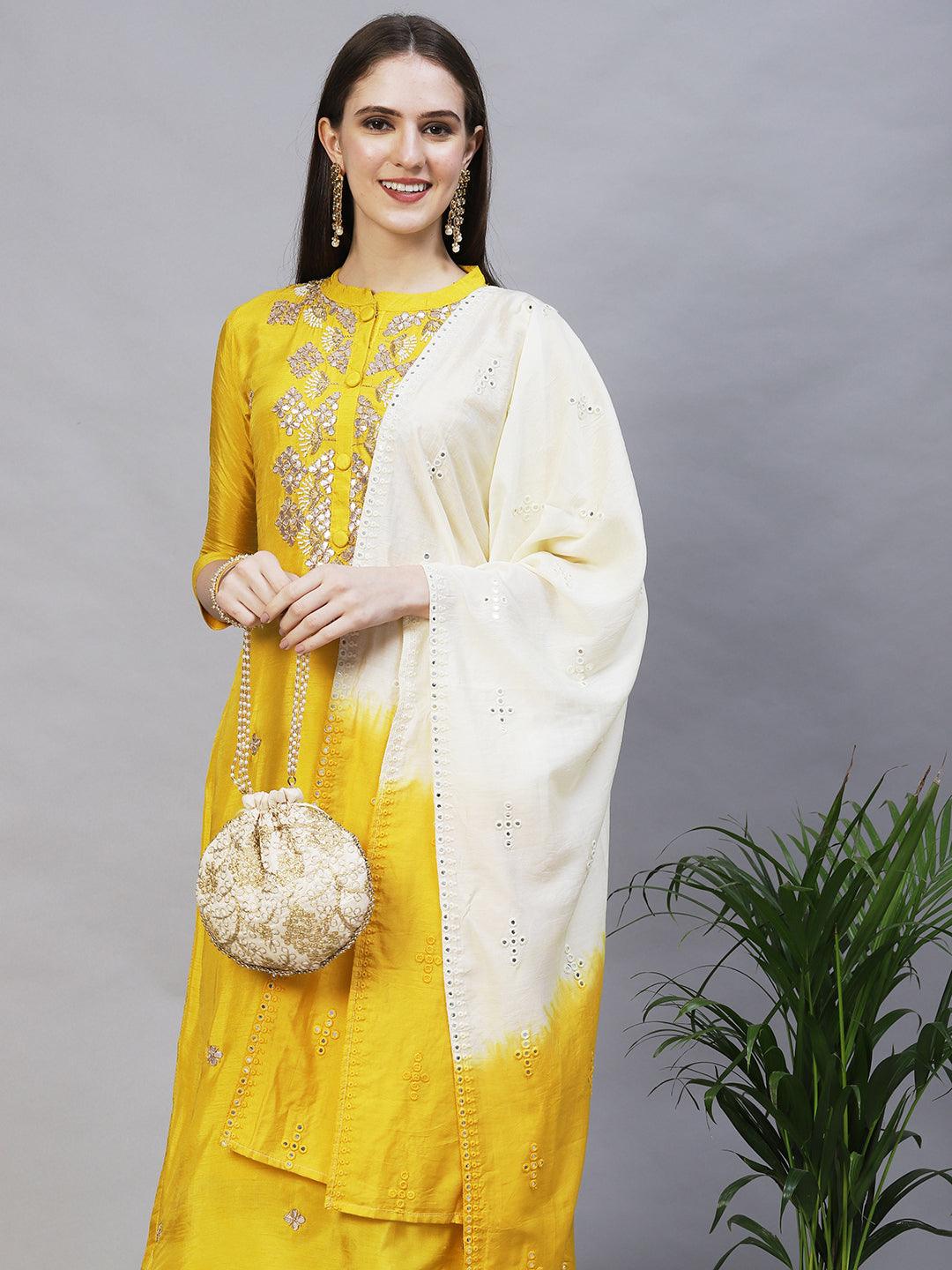 Floral Hand Embroidered Kurta with Pants & Dupatta - Yellow - Indiakreations