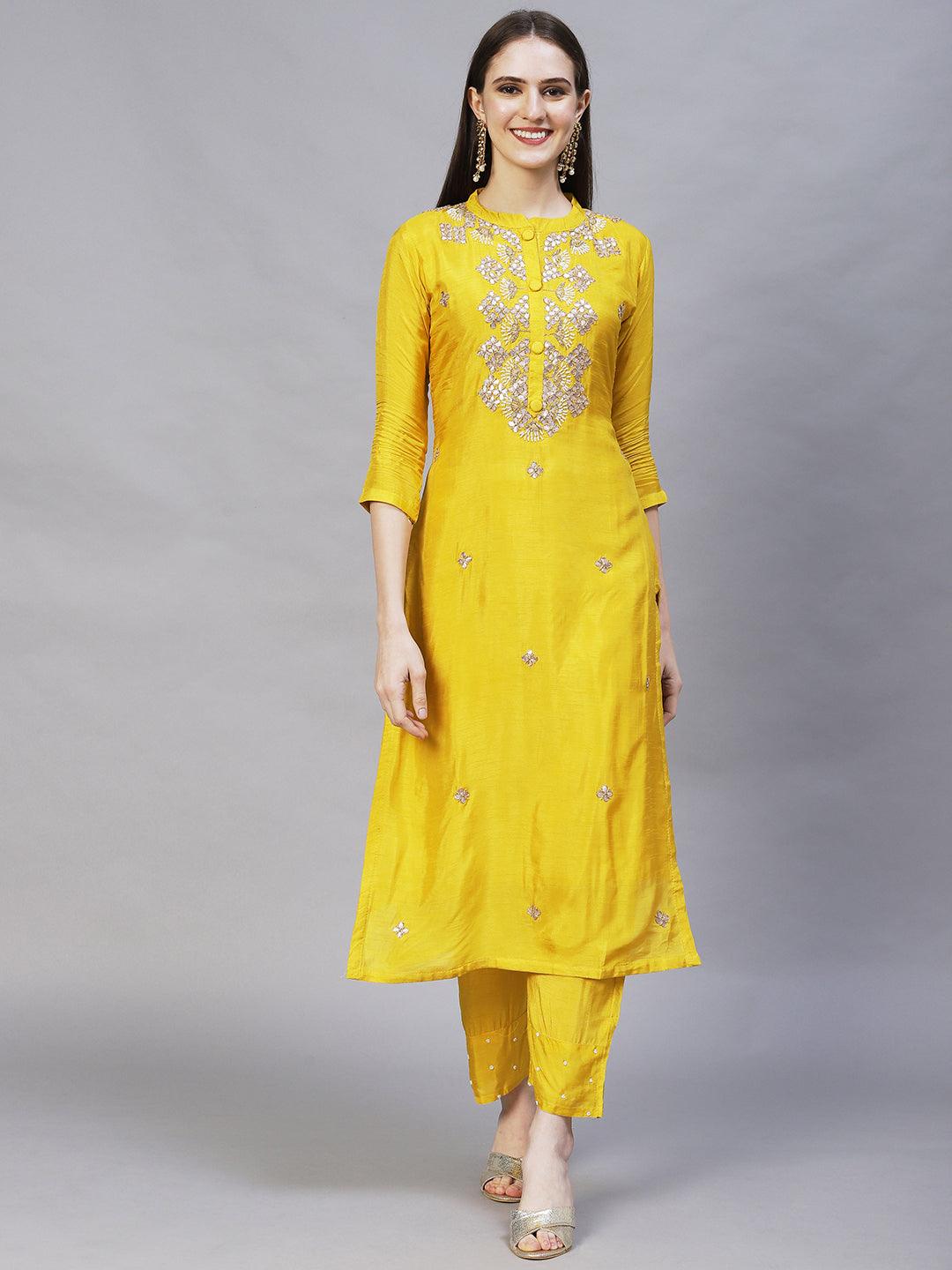 Floral Hand Embroidered Kurta with Pants & Dupatta - Yellow - Indiakreations