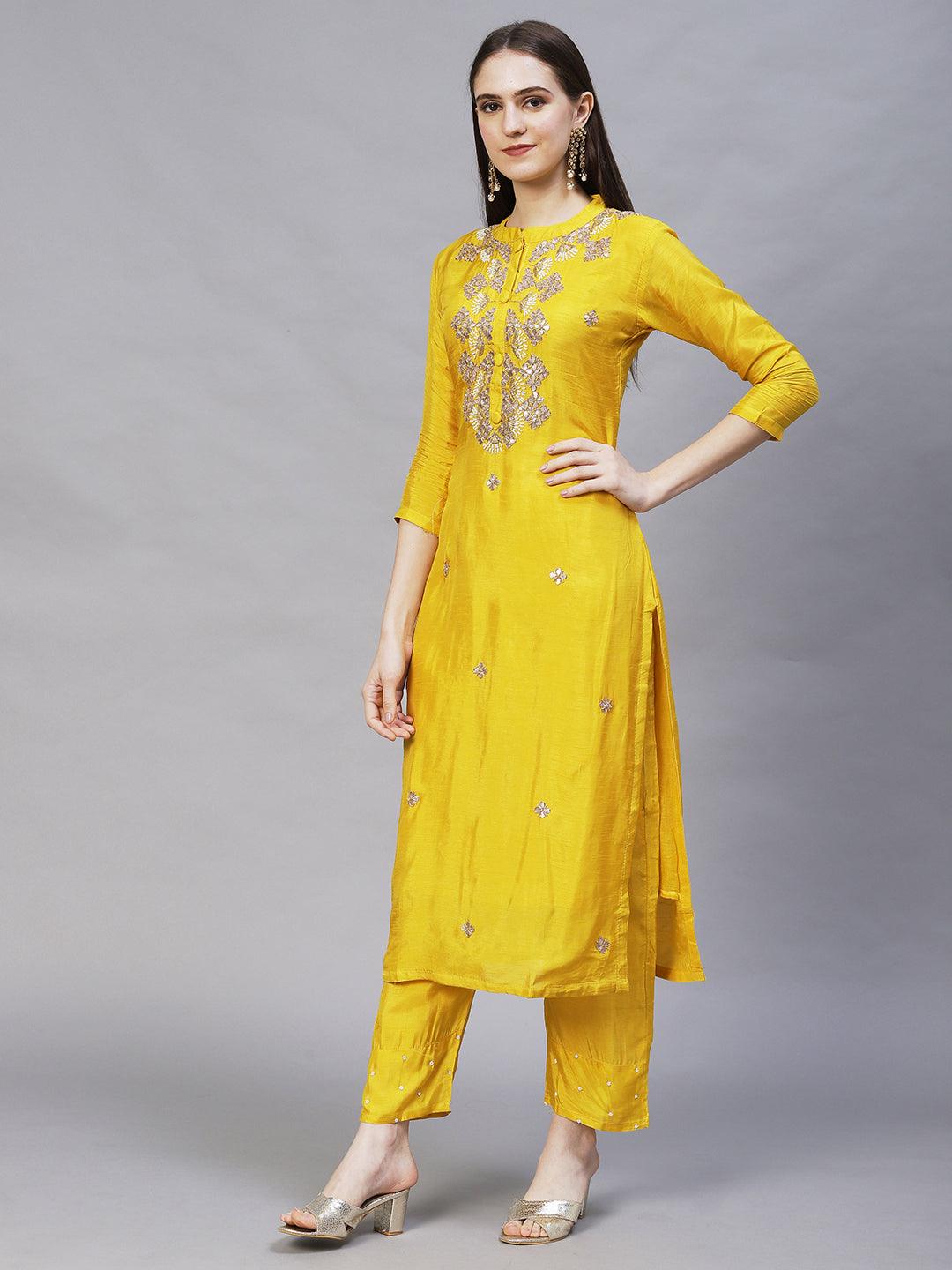 Floral Hand Embroidered Kurta with Pants & Dupatta - Yellow - Indiakreations