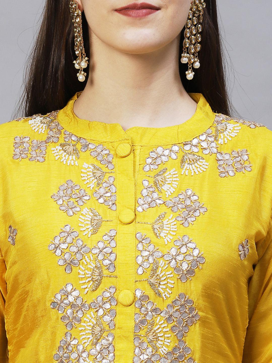 Floral Hand Embroidered Kurta with Pants & Dupatta - Yellow - Indiakreations