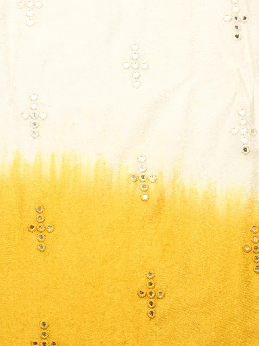 Floral Hand Embroidered Kurta with Pants & Dupatta - Yellow - Indiakreations