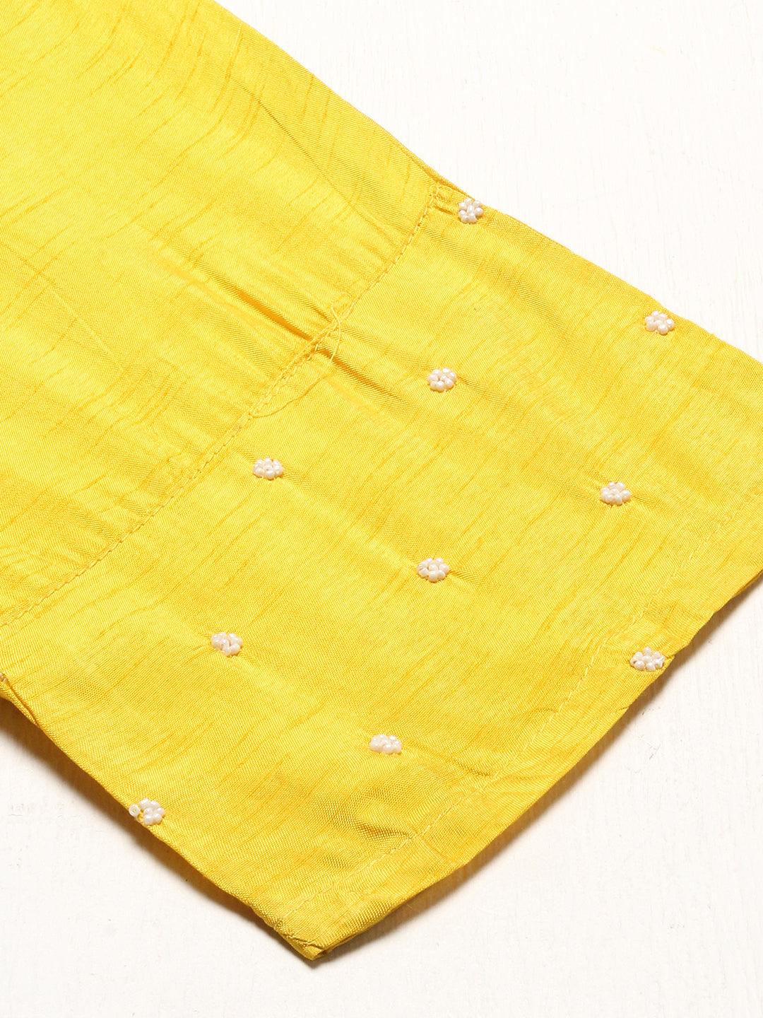 Floral Hand Embroidered Kurta with Pants & Dupatta - Yellow - Indiakreations