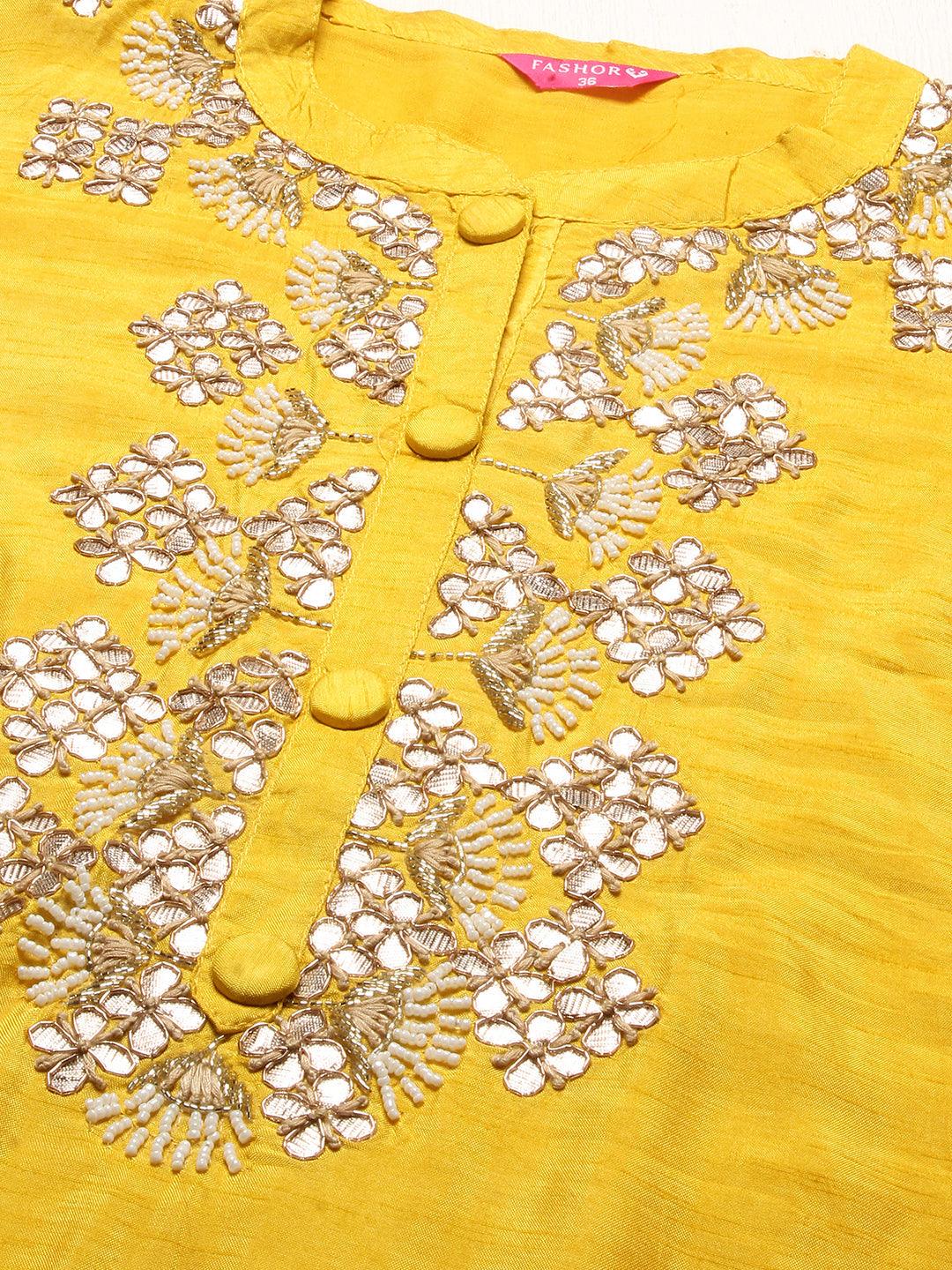 Floral Hand Embroidered Kurta with Pants & Dupatta - Yellow - Indiakreations