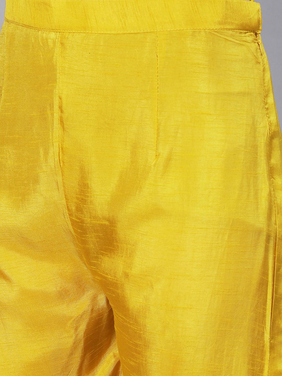 Floral Hand Embroidered Kurta with Pants & Dupatta - Yellow - Indiakreations