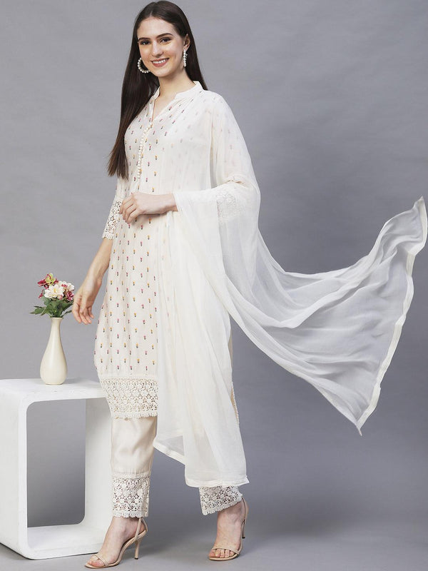 Floral Embroidered Straight Kurta with Pants & Dupatta - Cream - Indiakreations