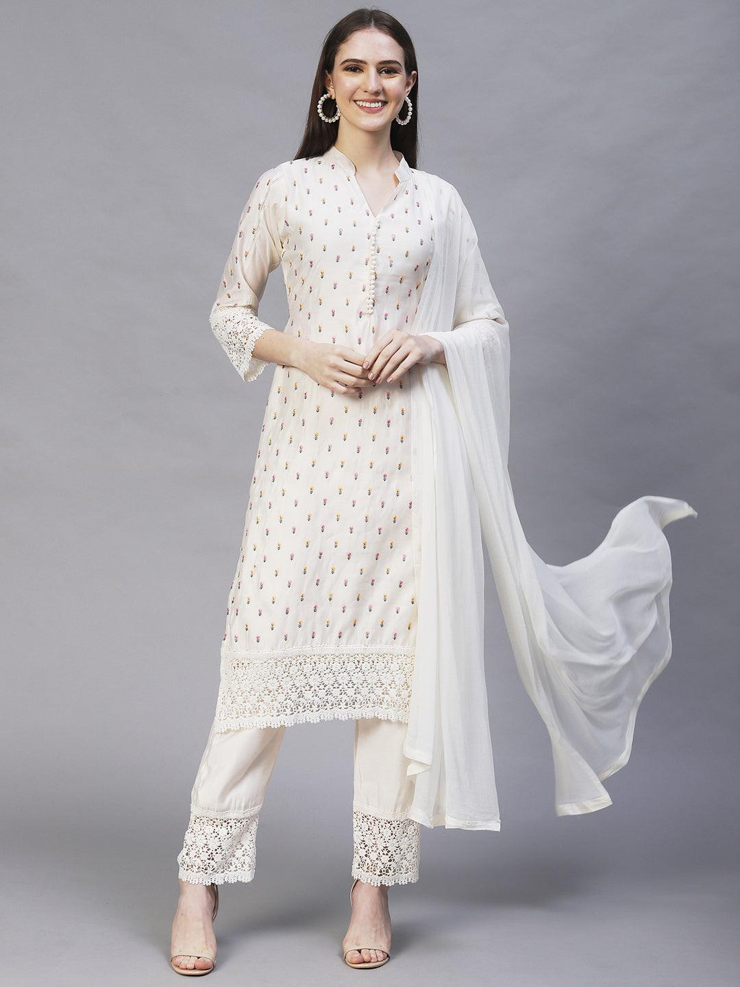 Floral Embroidered Straight Kurta with Pants & Dupatta - Cream - Indiakreations