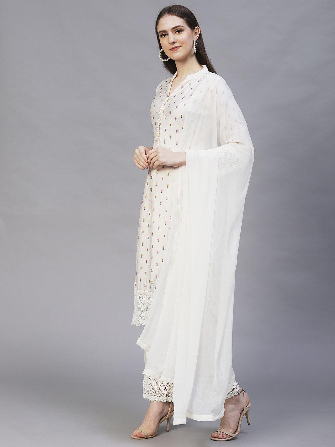 Floral Embroidered Straight Kurta with Pants & Dupatta - Cream - Indiakreations