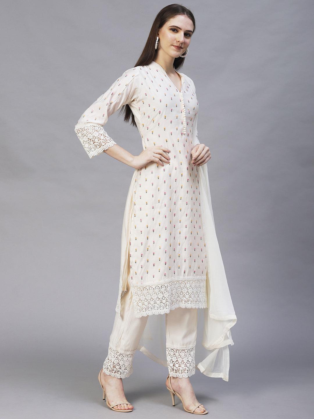 Floral Embroidered Straight Kurta with Pants & Dupatta - Cream - Indiakreations