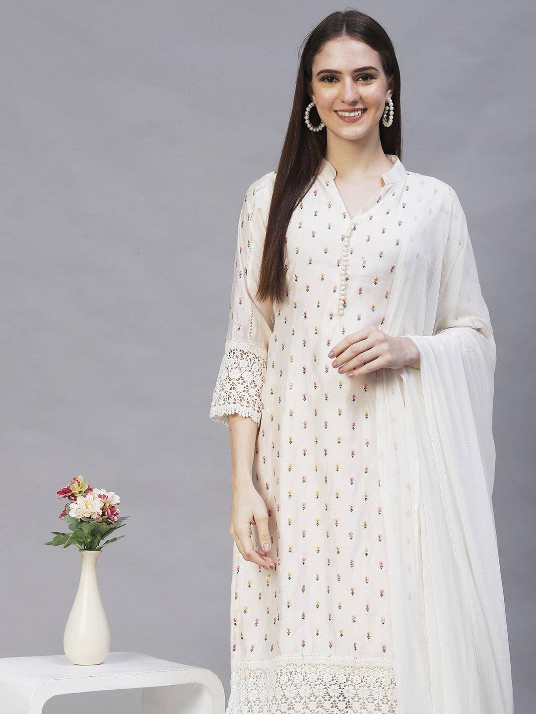 Floral Embroidered Straight Kurta with Pants & Dupatta - Cream - Indiakreations