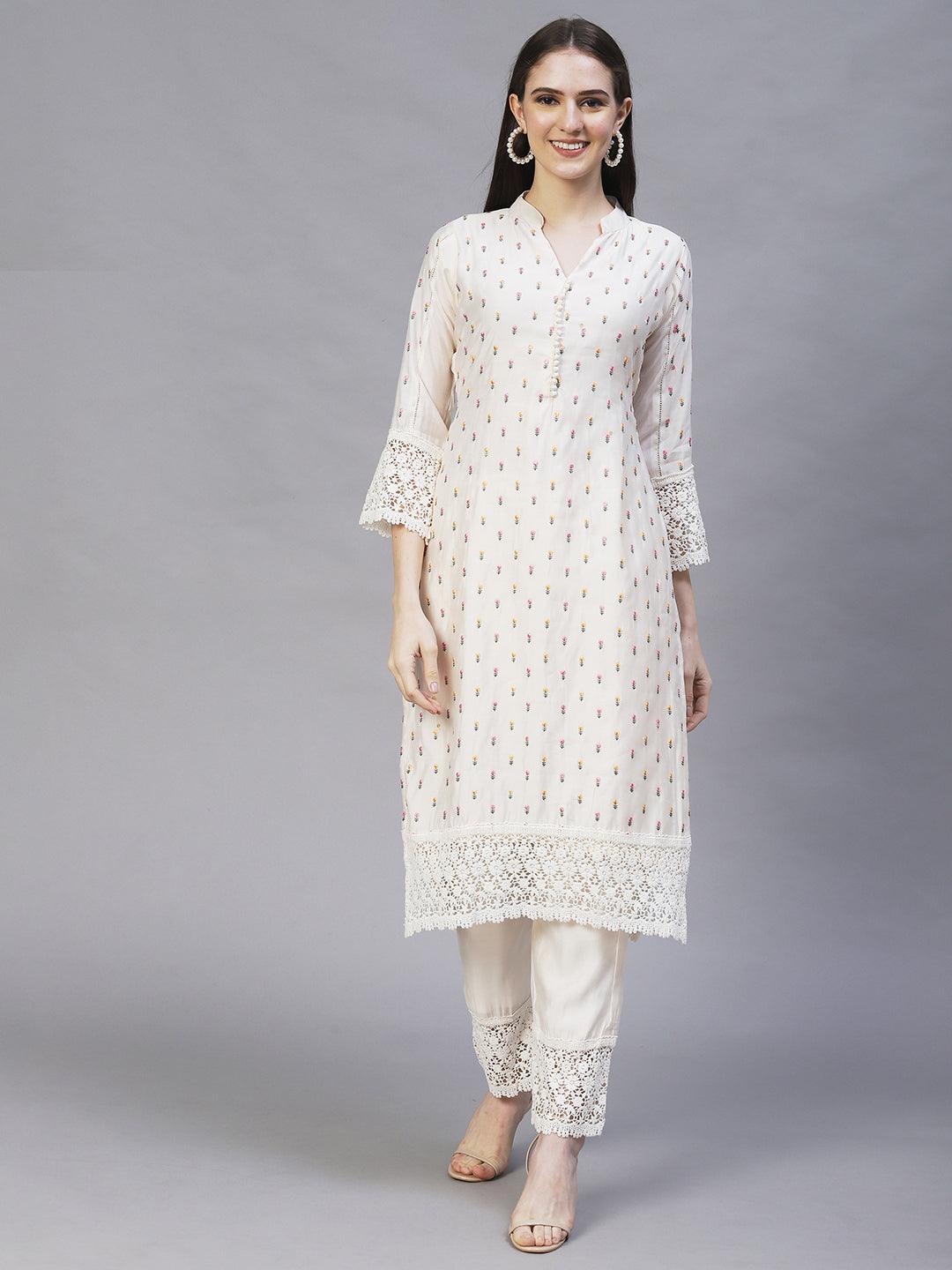 Floral Embroidered Straight Kurta with Pants & Dupatta - Cream - Indiakreations