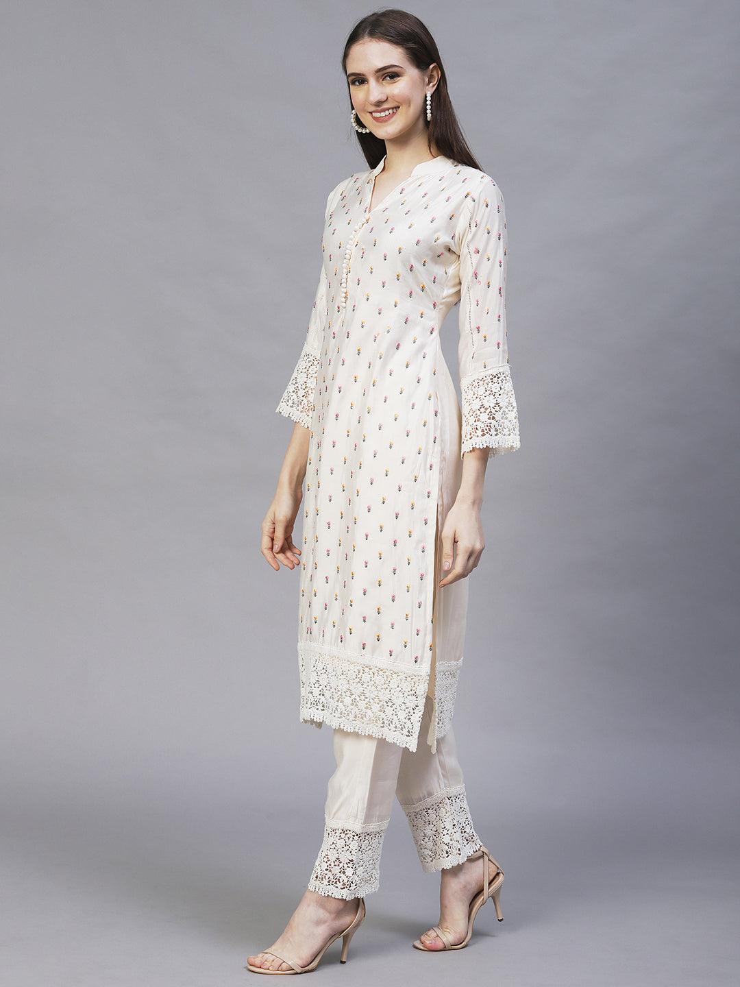 Floral Embroidered Straight Kurta with Pants & Dupatta - Cream - Indiakreations