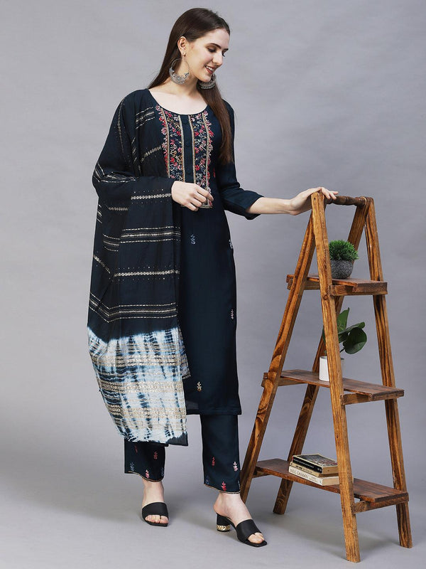 Floral Hand Embroidered Kurta with Pants & Dupatta - Teal Blue - Indiakreations