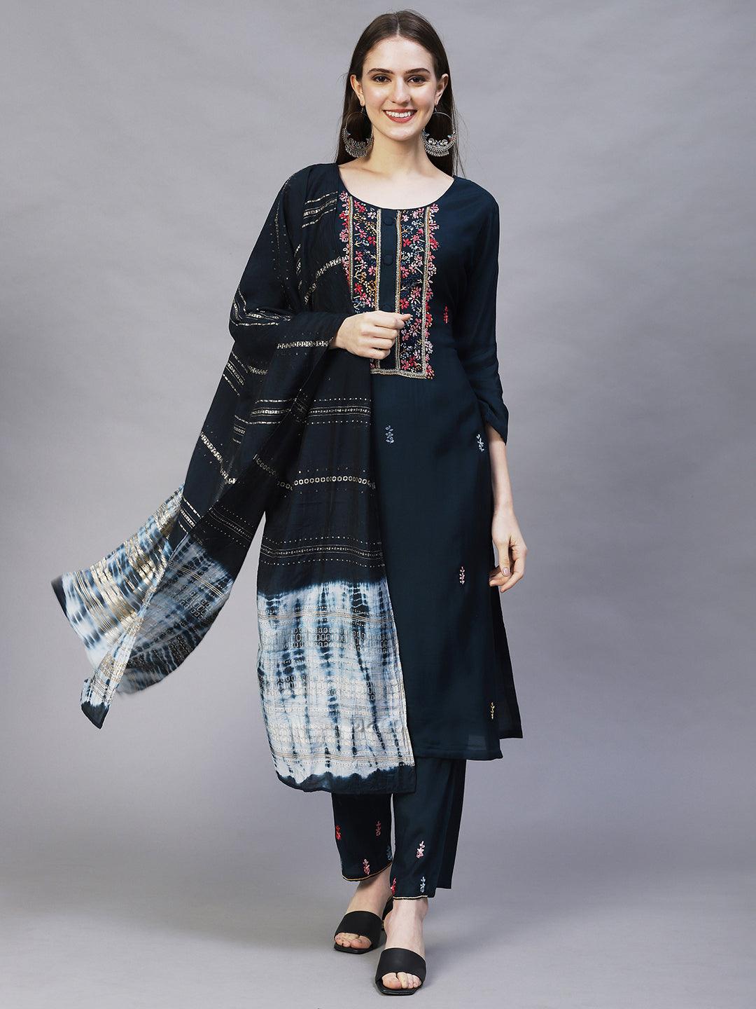 Floral Hand Embroidered Kurta with Pants & Dupatta - Teal Blue - Indiakreations