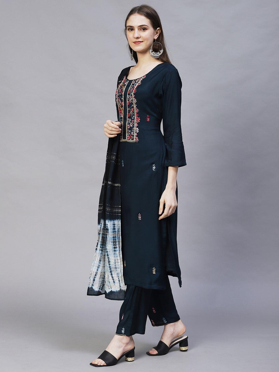 Floral Hand Embroidered Kurta with Pants & Dupatta - Teal Blue - Indiakreations