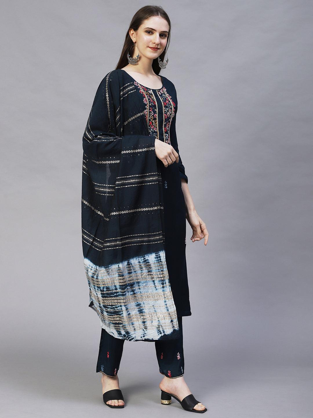 Floral Hand Embroidered Kurta with Pants & Dupatta - Teal Blue - Indiakreations