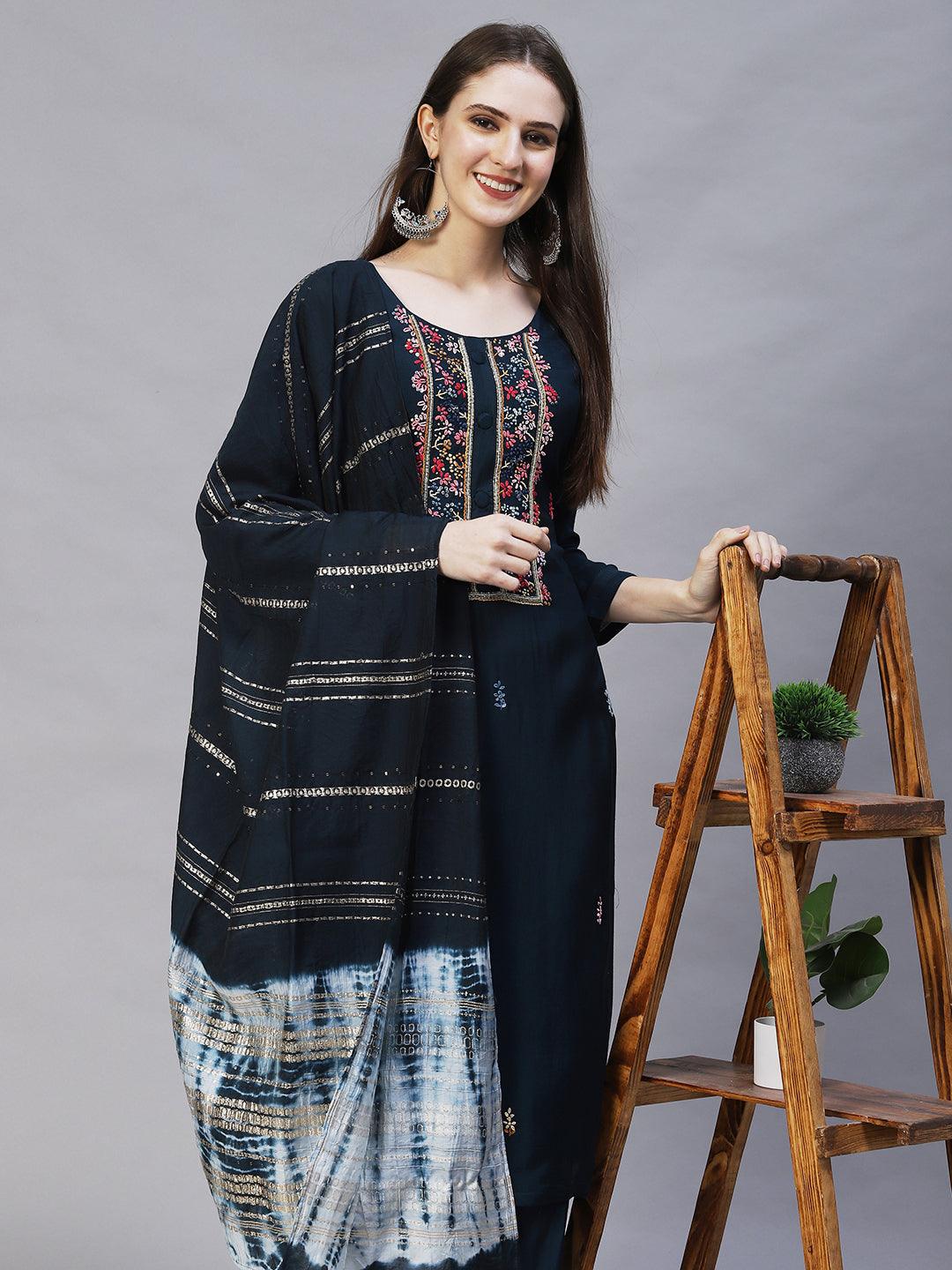 Floral Hand Embroidered Kurta with Pants & Dupatta - Teal Blue - Indiakreations