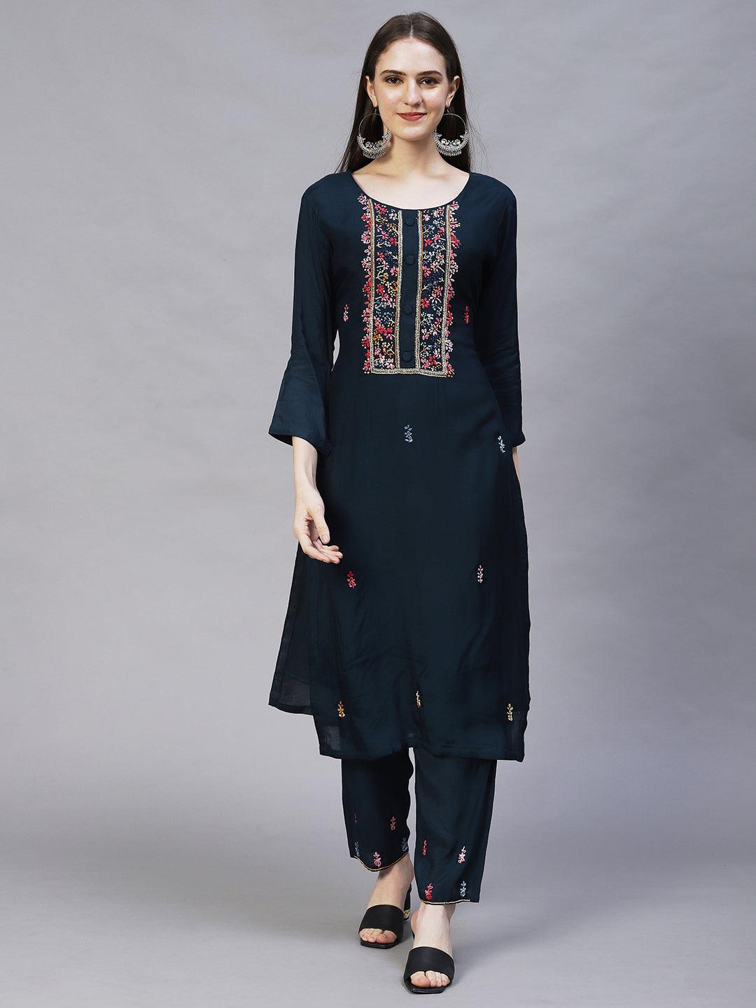 Floral Hand Embroidered Kurta with Pants & Dupatta - Teal Blue - Indiakreations