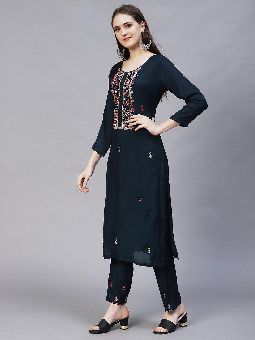 Floral Hand Embroidered Kurta with Pants & Dupatta - Teal Blue - Indiakreations