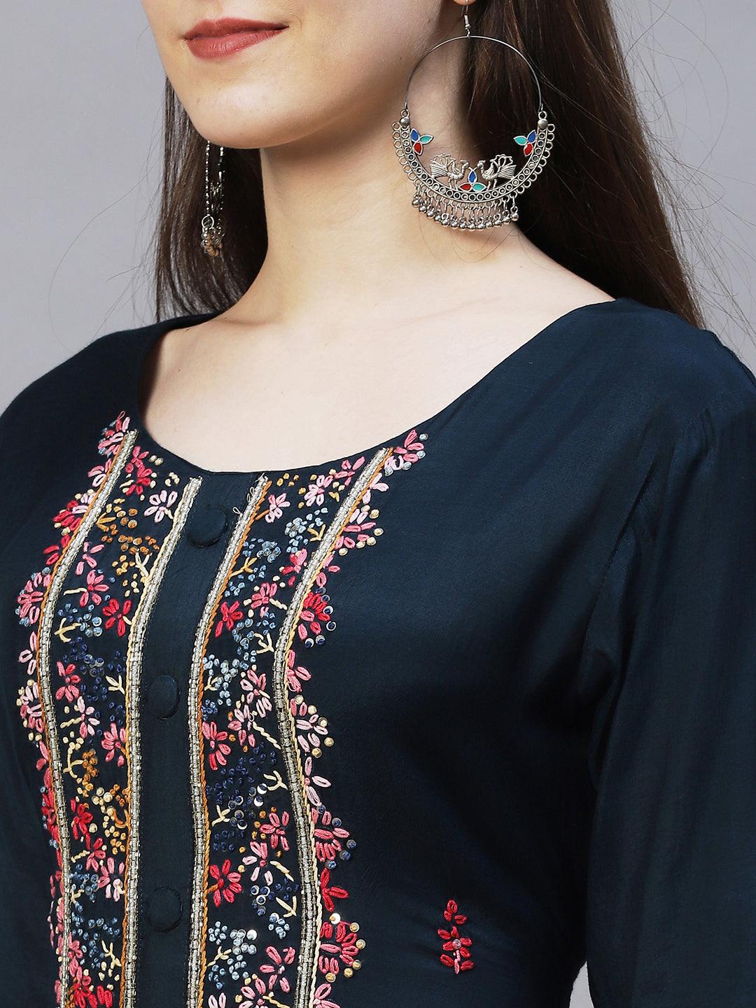 Floral Hand Embroidered Kurta with Pants & Dupatta - Teal Blue - Indiakreations