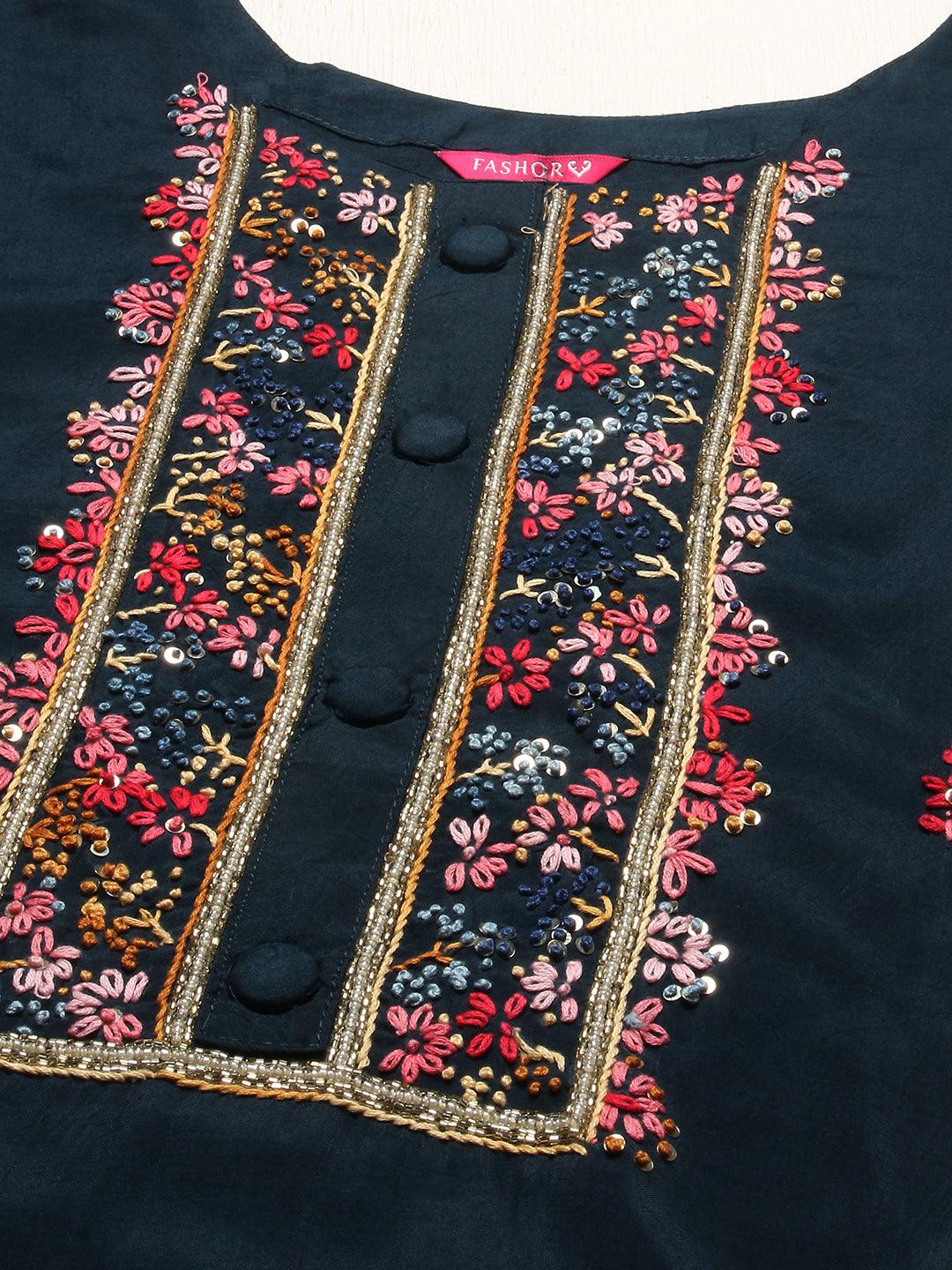 Floral Hand Embroidered Kurta with Pants & Dupatta - Teal Blue - Indiakreations