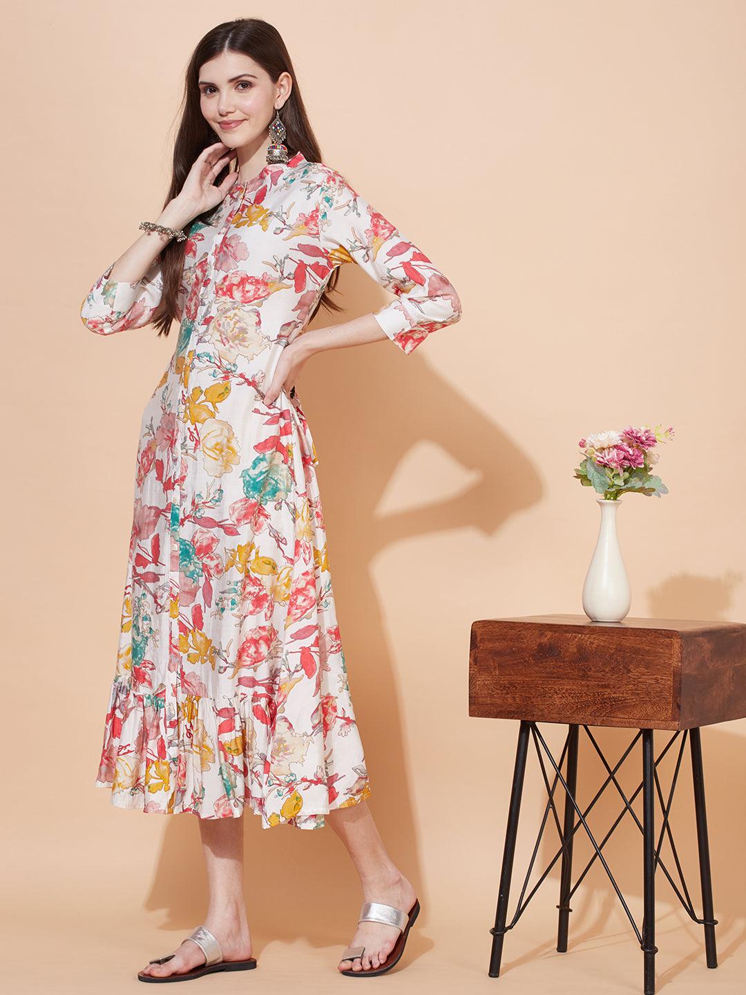 Abstract Floral Printed A-Line Midi Dress - Off White - Indiakreations