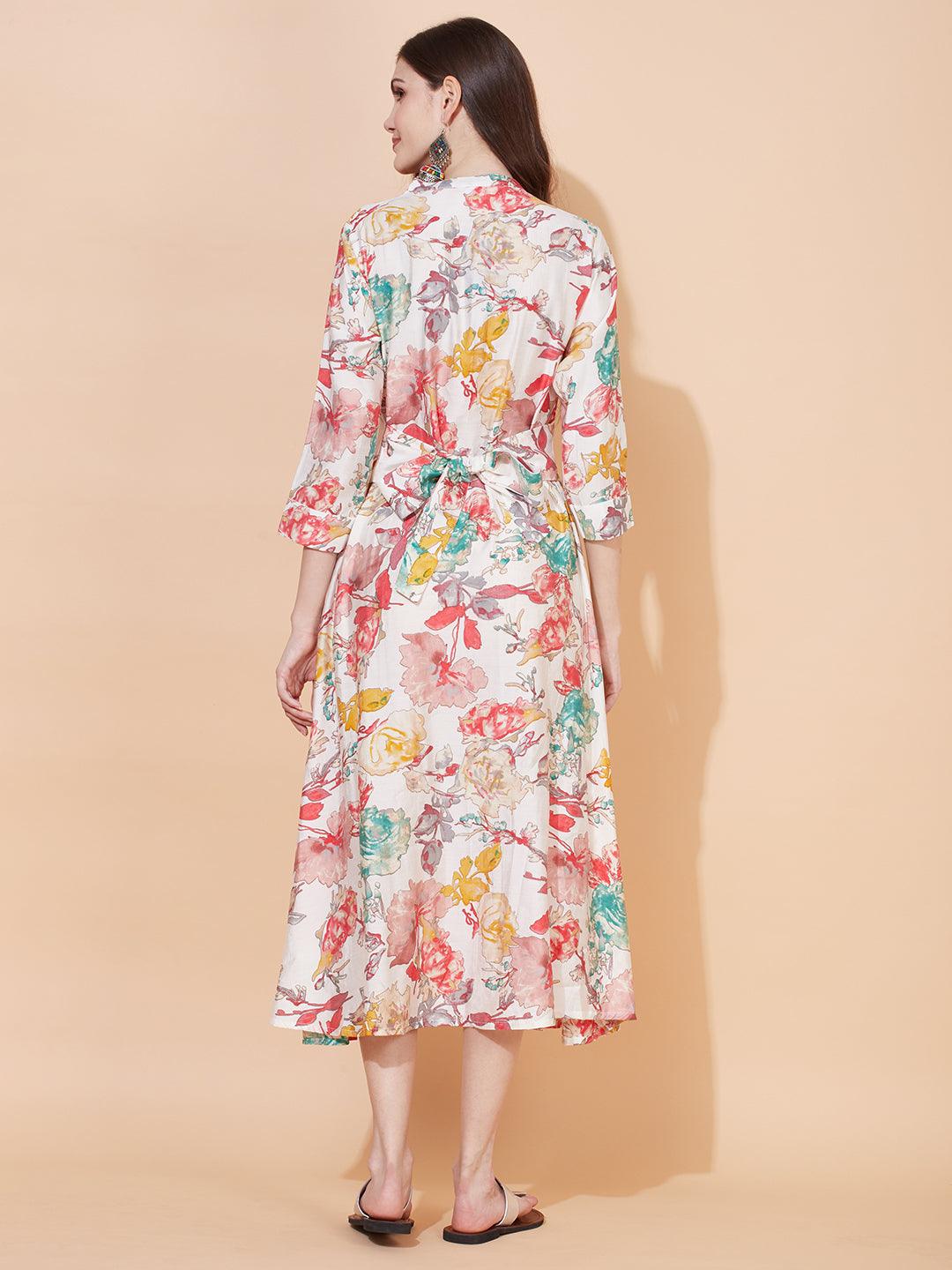 Abstract Floral Printed A-Line Midi Dress - Off White - Indiakreations