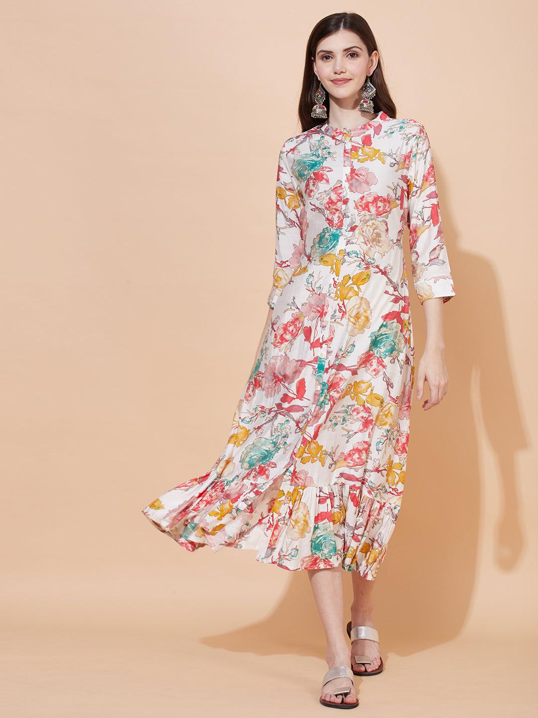 Abstract Floral Printed A-Line Midi Dress - Off White - Indiakreations