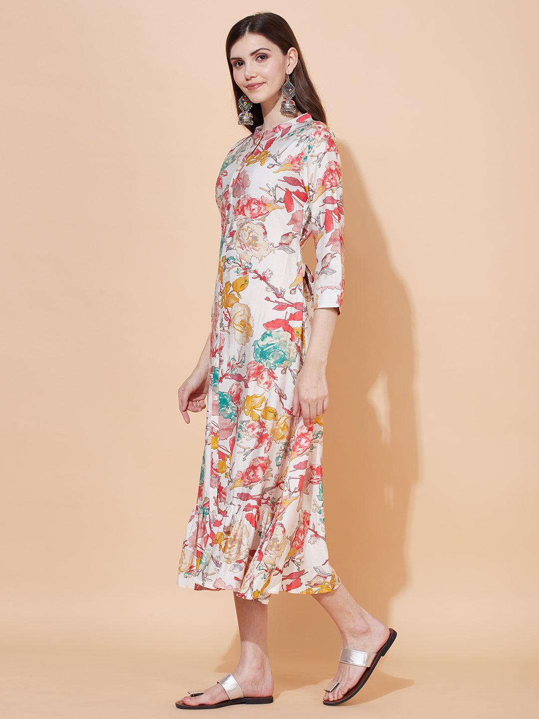 Abstract Floral Printed A-Line Midi Dress - Off White - Indiakreations