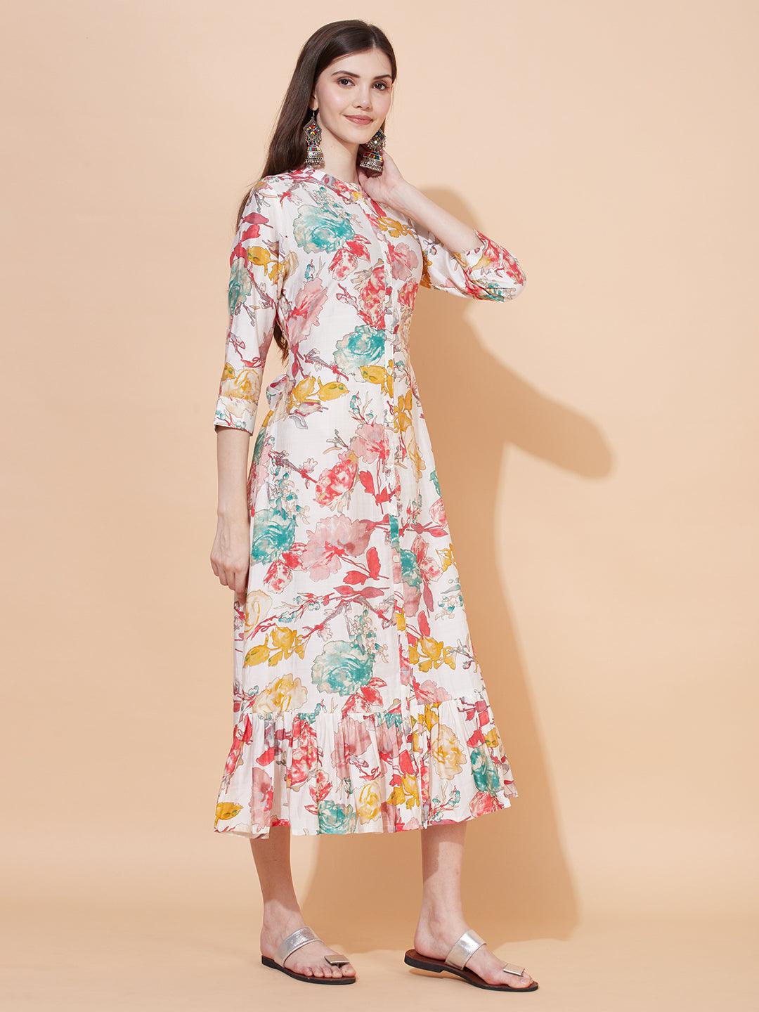 Abstract Floral Printed A-Line Midi Dress - Off White - Indiakreations